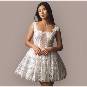 BHLDN NWT White Lace Square Neck Bridal Mini Dress Structured Skirt Size 6